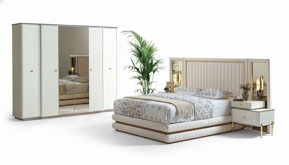 Schlafzimmer Set Bett 2x Nachttische Kleiderschrank Möbel 4 tlg. Beige