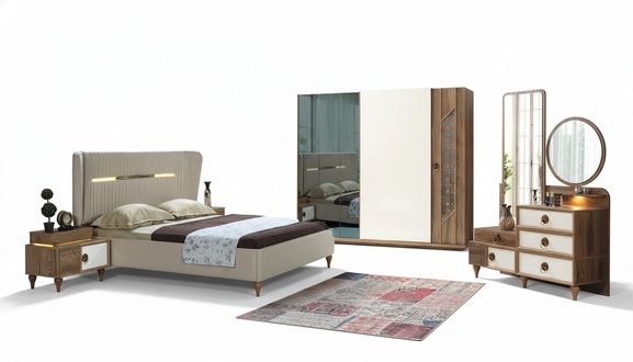 Schlafzimmer Set Bett 2х Nachttische 5tlg Textil Holz Kleiderschrank