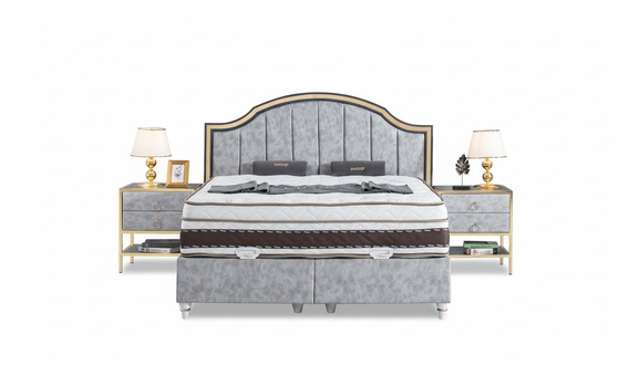 Schlafzimmer Set Bett Grau Metall Stoff Design Luxus 2x Nachttische 3tlg. Neu