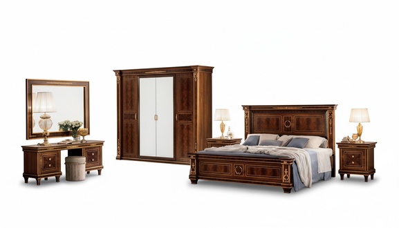 Schlafzimmer Set Bett Nachttisch Kommode Spiegel Hocker Neu 7tlg. Barock