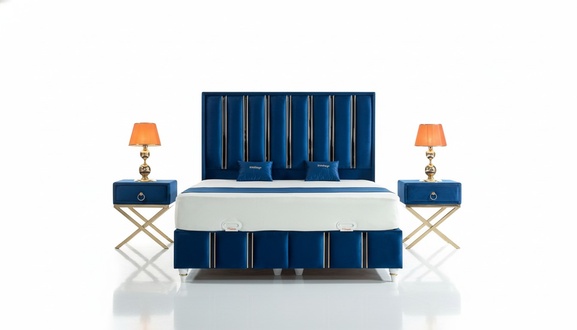 Schlafzimmer Set Blau Metall Bett Elegantes Stil 2x Nachttische 3tlg.