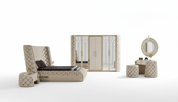Schlafzimmer Set Chesterfield Möbel Design Bett Kleiderschrank Spiegel 7tlg