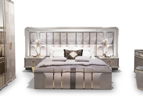 Schlafzimmer-Set Grau aus Holz mit Bett, Nachttischen und Bank