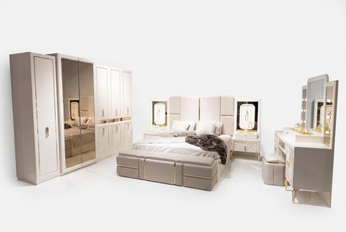 Schlafzimmer-Set in Beige aus Holz mit modernem Design