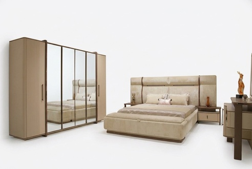 Schlafzimmer-Set in Beige aus Holz mit modernen Design