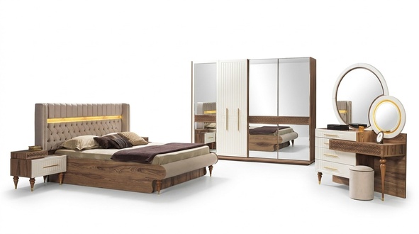 Schlafzimmer Set Luxus Bett 2x Nachttisch Kommode Kleiderschrank 5tlg.