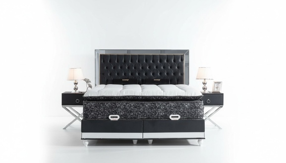 Schlafzimmer Set Schwarz Metall Bett 2x Nachttische Luxus Neu 3tlg.