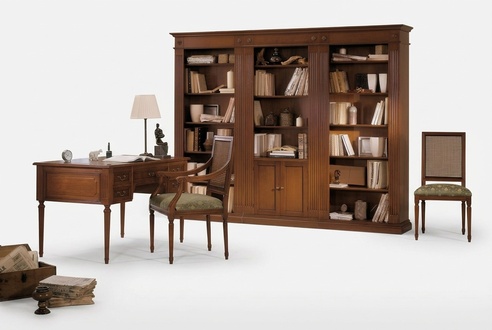 Schreibtisch und Stuhl aus Holz mit Armlehnen Bücherregal Büromöbel Design 3tlg