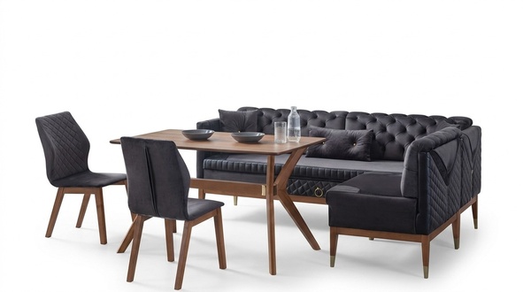 Schwarz-Braunes Esszimmer Set Chesterfield Eckbank Designer Esstisch