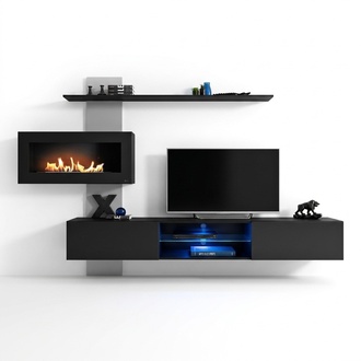 Schwarz Wohnwand mit Kamin Wohnzimmer Designer Modern Möbel TV Ständer
