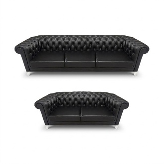 Schwarze Chesterfield Kunstleder Sofas Moderne Wohnzimmer Garnitur 2tlg