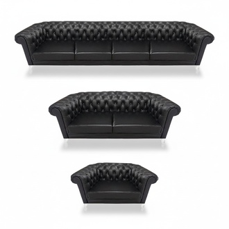 Schwarze Chesterfield Ledergarnitur Designer 4-Sitzer Zweisitzer Sessel