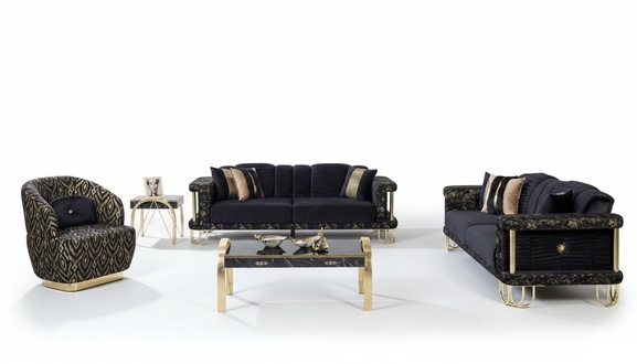Schwarze Couchgarnitur 2x Dreisitzer Polster Sessel Moderne Sitz Möbel