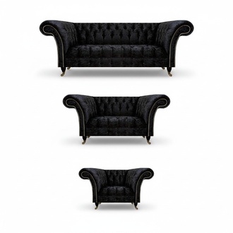 Schwarze Textil Chesterfield Garnitur Edler Dreisitzer Lehnsessel 3tlg