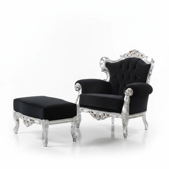 Sessel + Hocker Polster Sessel Design Luxus Massivholz Klassische Barock Rokoko Garnitur