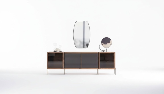 Sideboard Anrichte mit Spiegel Mit Glasfront Marmoroptik Holz Edelstahl