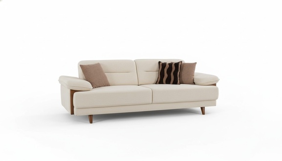 Sofa 3-Sitzer Beige Stoff Holzdetails Skandi Stil Modern Komfort Wohnzimmer