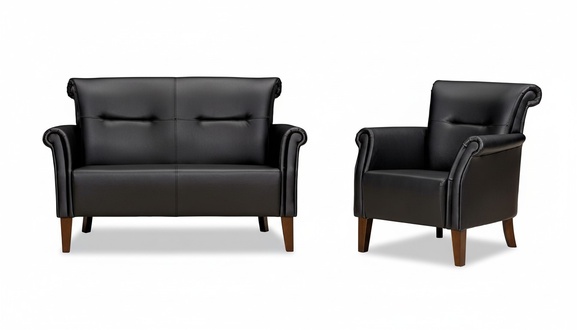 Sofa-Set Schwarz 2-Sitzer Sessel Modern Ledersofas Komplett Holz
