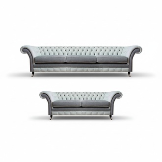 Sofagarnitur 2x Sofas Chesterfield Grau Leder Polstermöbel Design Garnitur