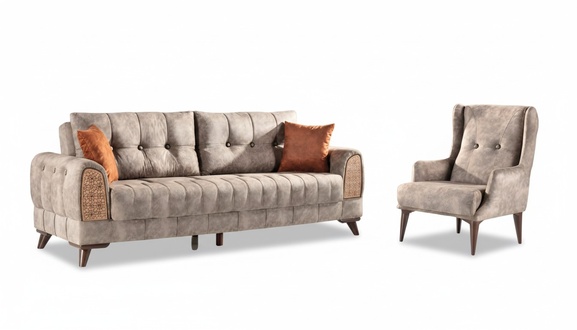 Sofagarnitur 3+1 Sitz Garnitur Set Sofas Sessel Holz Textil Couchgarnitur