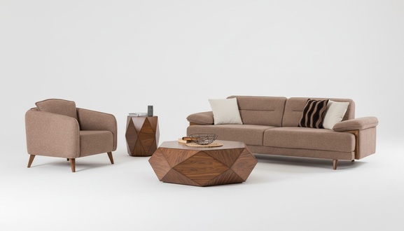 Sofagarnitur 3+1 Sitzer Braun Stoffbezug Holzfüße Skandi Stil Modern Wohnen