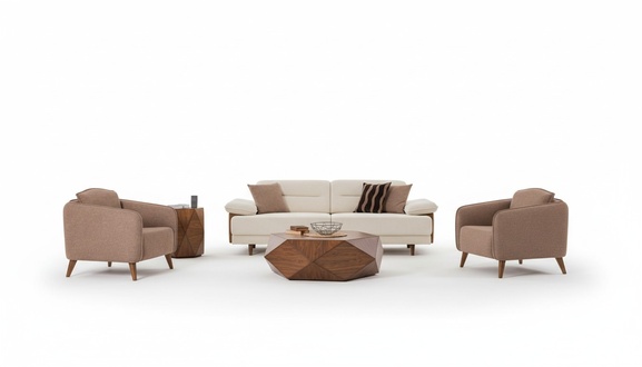Sofagarnitur 3+3+1 Sitzer Beige Braun Stoffbezug Holzfüße Skandi Modern Stil