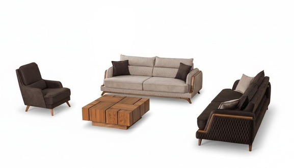 Sofagarnitur 3+3+1 Sitzer Beige Braun Stoff Holzfüße Skandi Modern Wohnzimmer