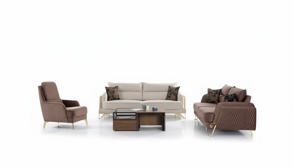 Sofagarnitur 3+3+1 Sitzer Creme Braun Goldfüße Luxus Stoff Wohnzimmer Design