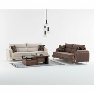 Sofagarnitur 3+3 Sitzer Creme Braun Stoffbezug Goldfüße Modern Luxus Design