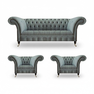 Sofagarnitur 3tlg 2x Sessel Grau Sofa Dreisitze Einrichtung Chesterfield Neu