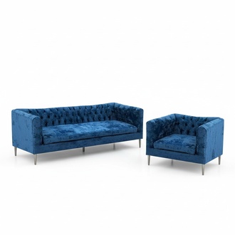 Sofagarnitur Blau Stoff Modern Design Sofa Dreisitze Couch Sessel Chesterfield