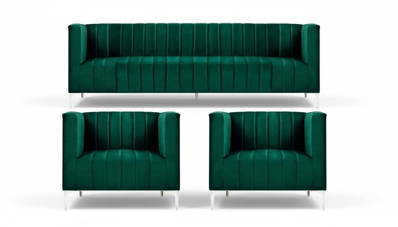 Sofagarnitur Dreisitzer Stoff Wohnzimmer Samt Design Grün Sofa 2 Sessel Gruppe