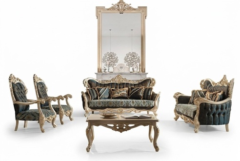 Sofagarnitur Sofa Couch Barock Rokoko Set Couchtisch Turkis 5tlg. Gold