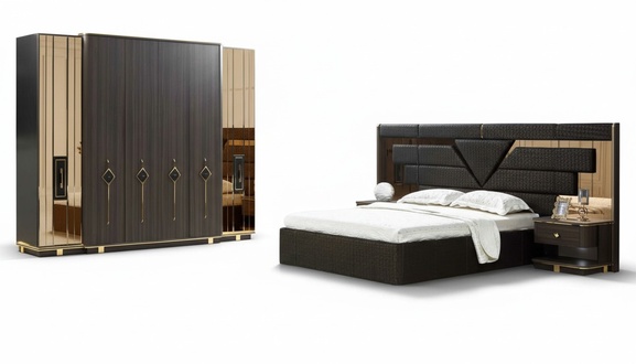 Stilvoll Schlafzimmer set Bett 2x Nachttische Kleiderschrank Nachttisch 4tlg