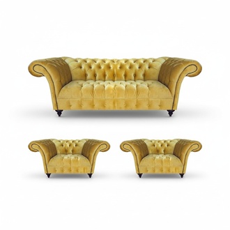 Stilvolle Gelbe Chesterfield Garnitur Designer Sofas 2x Luxus Sessel 3tlg