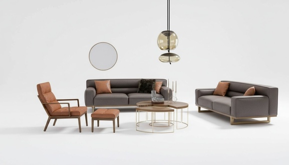 Stilvolle Graue Sitzgarnitur Dreisitzer Sessel Hocker Wohnzimmer Möbel