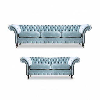 Stilvolle Hellblaue Chesterfield Designer Garnitur Dreisitzer 2-Sitzer
