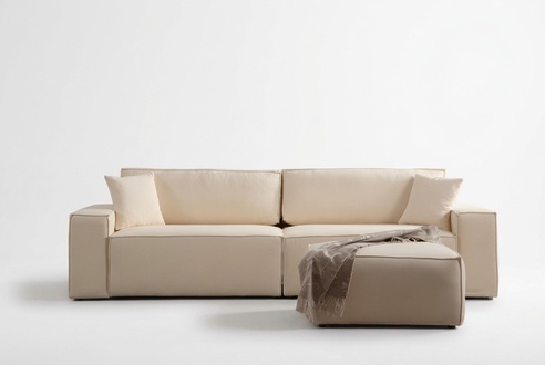 Stilvoller Beiger Viersitzer Exlusiver Polster Hocker Wohnzimmer 2tlg Set