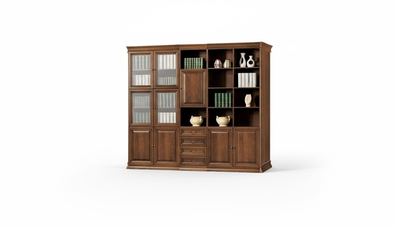Stilvoller Brauner Büroschrank Teilmassiv Holz Regale Glastüren Arbeitszimmer