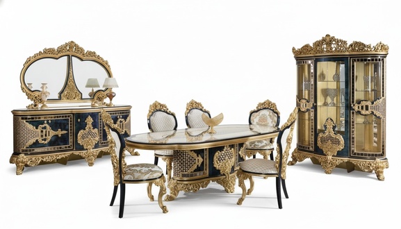 Stilvoller Schwarz-Goldener Esszimmer Set Luxus Garnitur Kommode Esstisch