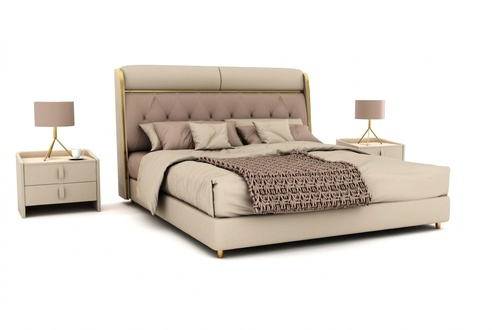 Stilvolles Beiges Schlafzimmer Bett Doppelbett Textilbetten LED-Bett