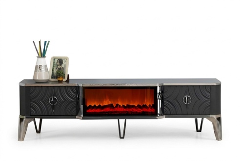 Stylischer grauer TV-Schrank mit Kamin und realistischen Flammen
