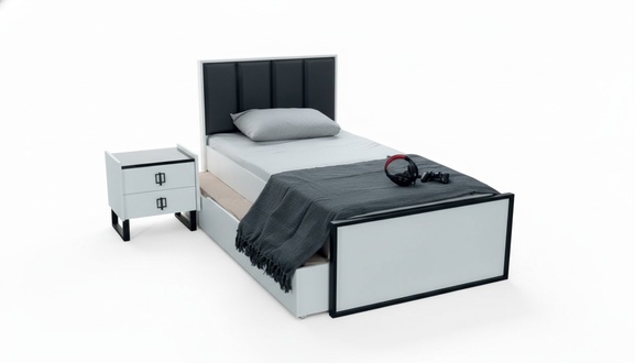 Teeneger Zimmer Jugend Schlafzimmer Bett + Nachttisch Schwarz Weiß 2tlg.