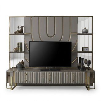 TV Ständer RTV Lowboard Sideboard Wohnzimmer Gold Grau Luxus Holz Neu
