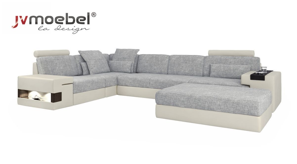 Wohnraum L-Form Modern Design Sofa Sofas Sitzecke mit Hocker Wohnlanschaft Möbel