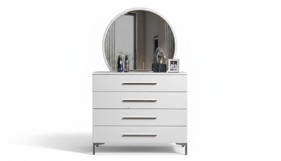 Viertürige Weiße Schlafzimmer Kommode Designer Glas Rundspiegel 2tlg Set
