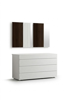 Weiße Designer Luxus Kommode mit Spiegel 4 Schubladen Holz Möbel Neu
