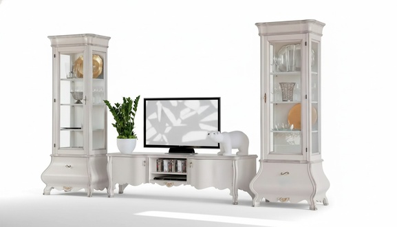 Weiße Luxus Wohnzimmer Wohnwand Möbel 2x Vitrinen TV-Ständer Klassisch