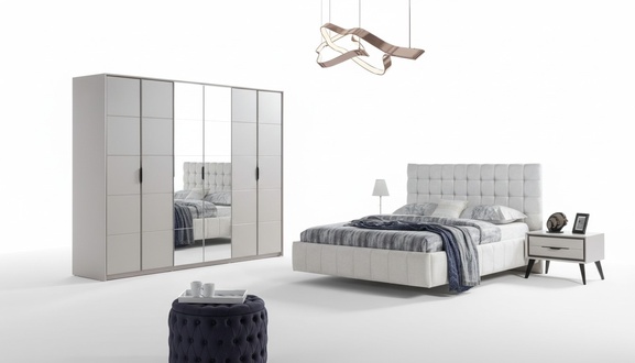 Weiße Schlafzimmer Garnitur Luxus Möbel Polster Bett Holz Kleiderschrank
