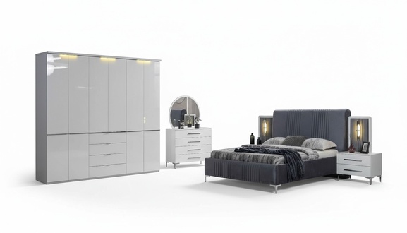 Weiße Schlafzimmer Möbel Textilbett Großer Kleiderschrank Nachttische